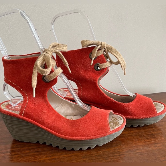 Fly London Yaffa Red Suede Leather Wedge Lace Up Peep Toe Shoes 39/9 - Picture 1 of 8